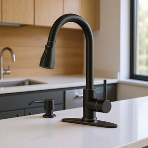 Grifo de Cocina Clásico Moderno, Negro Mate, Acero Inoxidable, Rociador Extraíble, Doble Manija, Montaje en Encimera, 1 Orificio - Product Image 2