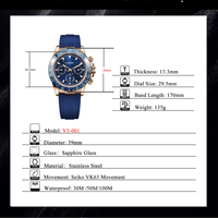 Montre à quartz de luxe avec logo personnalisé, boîtier en acier inoxydable, verre saphir, bracelet en silicone, mouvement VK63, chronographe, étanche