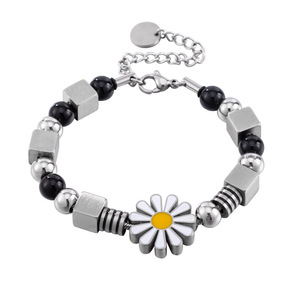 แฟชั่นสร้อยข้อมือลูกปัดสีเงินสีดำลายดอกเดซี่ของขวัญสำหรับทุกเพศเครื่องประดับ - Product Image 5