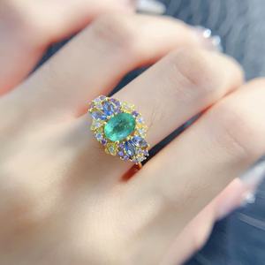 Modelos de anillo de piedras preciosas de diseño personalizado chapado en oro de 18K <span class=keywords><strong>Esmeralda</strong></span> natural de Plata de Ley 925 a buen <span class=keywords><strong>precio</strong></span> para mujer - Product Image 2