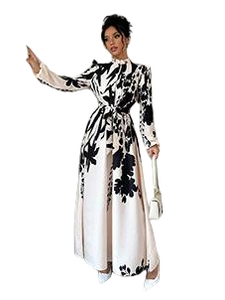 Abito autunnale da donna che abbraccia abito Casual antirughe con motivo floreale a maniche lunghe a mezza lunghezza e vita - Product Image 2