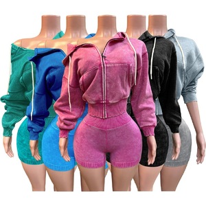 PEEQI HR26081 Completo Sportivo da Donna alla Moda Primaverile, Felpa con Cappuccio e Zip Effetto Lavato, Pantaloncini, Set Due Pezzi, Nuova <span class=keywords><strong>Tuta</strong></span> da Ginnastica - Product Image 1