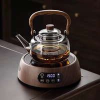 Ensemble de bouilloires en verre personnalisées avec logo, capacité 1000 ml, pour thé, café, jus, eau, avec 4 tasses et poignée en bois