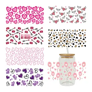 Vente en gros Nouvelle Arrivée Saint Valentin Design UVDTF Gobelet Décalcomanies Tasse Autocollant UV DTF Tasse Wrap Transferts pour 16 oz 16 oz Verre peut