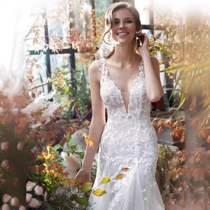 Mermaid Wedding Dress V-neck Embroidered Lace Ivory White Fitted Waist Vintage Style Bridal Gown - Product Image 3