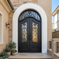 Porte d'entrée de villa décorative extérieure en fer forgé cintrée traditionnelle de luxe, à double battant avec ouverture latérale et vitrage, sur mesure