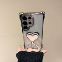 Coque de téléphone avec miroir de maquillage en forme de cœur en strass pour Samsung Galaxy S21-S26 Ultra, avec chaîne de poignet et protection d'angle plaquée