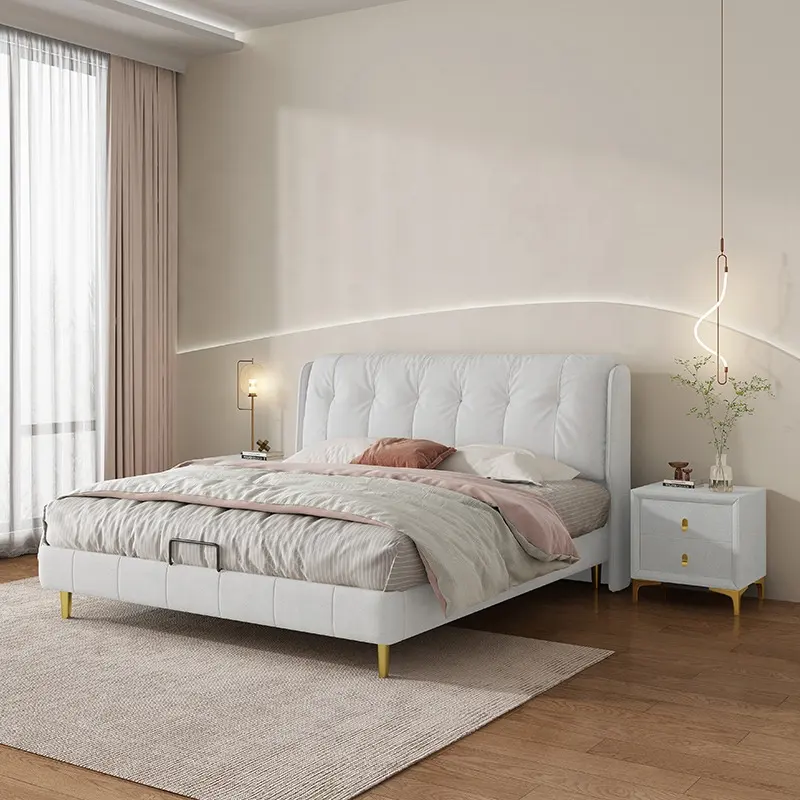 Nieuwe Moderne Up-Holstered Bedden Slaapkamermeubilair Licht Luxe Stijl Dubbele Lederen Bed Prinses Opslag Technologie Doek Bed Hote