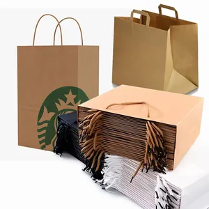 Bolsa de papel Kraft con asa plana para llevar comida rápida, bolsa de transporte para restaurante, para llevar café, estampado personalizado ecológico