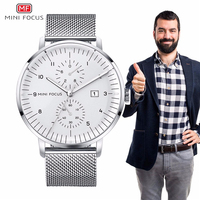 Jam Tangan Pria Klasik MINI FOCUS 0052GM Quartz Tali Baja Tahan Karat 20mm Dial Kaca Penunjuk 3 Sub-Dial 6 Jarum Tanggal Alloy