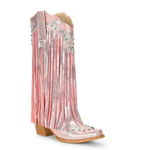 Wetkiss Oem Lage Moq Blauwe Strass Versierde Fancy Cowgirl Laarzen Hakken Knie Hoge Laarzen Metallic Roze Kwastjes Laarzen Met Franje