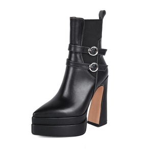 Double Platform Pointed Toe Women Fancy Short <b>Boots</b> Metal Buckles Chunky Heels Shoes Booties Custom Logo Available - Product Image 3