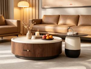 Modern <b>Round</b> Coffee <b>Table</b> Set Wood and Glass Top Minimalist Design Living Room Furniture with Storage <b>White</b> Black Finish - Product Image 3