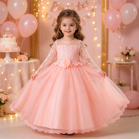 Robe de cérémonie longue en tulle pour enfants, à manches longues et dentelle, pour anniversaire, concours de beauté, mariage, demoiselle d'honneur et fête