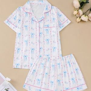 <span class=keywords><strong>Pyjama</strong></span> Femme Nouveauté Saint-Valentin Personnalisé à Vente Chaude, Ensemble Maison Imprimé Rose et Nœud, Col Revers - Product Image 1