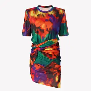 Ladies T-shirt and asymmetrical skirt suit two-piece suit with colorful gradient printing and waist waist