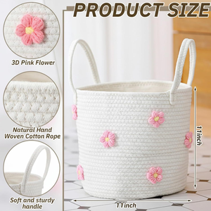 Cestos de Corda de Algodão Trançados para Organização com Flor 3D, Cesto de Roupa Redondo para Berçário, Cesto de Armazenamento Pequeno para Lavanderia - Product Image 6