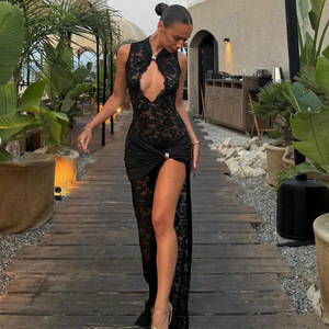 Robe sans manches moulante à fente haute en dentelle ajourée, sexy et tendance, nouvelle collection, best-seller pour le commerce transfrontalier, pour <span class=keywords><strong>femme</strong></span> - Product Image 3