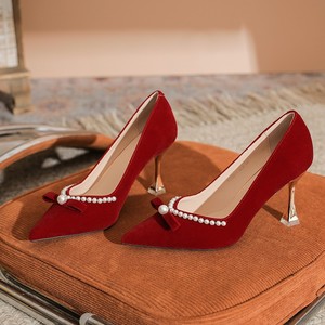 <b>Red</b> Velvet Bridal Pumps Pointed Toe Stiletto <b>Heel</b> With Pearl Bow Decoration High <b>Heel</b> Wedding Shoes For - Product Image 1