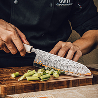 Couteau Santoku moderne de 7 pouces, couteau Santoku japonais en acier Damas à 55 couches avec manche en bois solidifié + imitation ivoire
