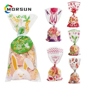 MorSun 50pcs 부활절 플라스틱 사탕 가방 투명 가방 스티커 병아리 부활절 이벤트 사탕 비스킷 포장