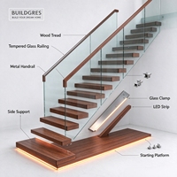 Escalier droit sur mesure avec marches en bois à montantes ouvertes, balustrade en verre sans cadre, bande lumineuse LED, pour appartement, villa, hôtel