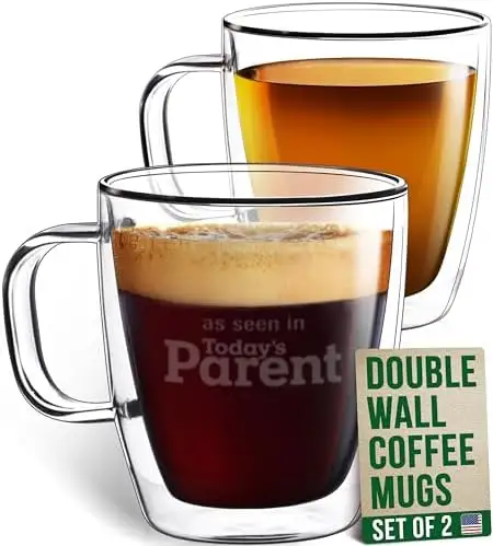 12 oz Double Wall Coffee Mugs Large Iced Latte Glass Coffee Cups with Handle - Lightweight Double Walled Glass Coffee Mug