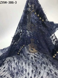 Tissu africain brodé de plumes noires, 1 pièce, Design Floral 3D, Tulle <span class=keywords><strong>français</strong></span>, paillettes, dentelle - Product Image 6