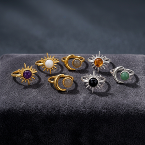 Bohemian Quartz Gemstone <b>Rings</b> <b>Set</b> for Women Brass <b>Gold</b> Plated Daily Wear Gift - Product Image 2