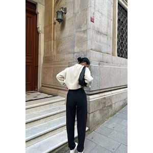 กางเกงขายาวทรงขาบานเอวยางยืดสีดำสำหรับผู้หญิง ผ้าคอร์ดูรอยระบายอากาศได้ดี กางเกงลำลองแฟชั่นทันสมัย ผ้าทอ - Product Image 1