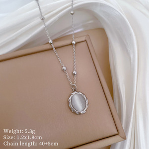 Collier pendentif ovale en pierre avec chaîne à billes en acier inoxydable de style rétro HY <span class=keywords><strong>France</strong></span>, plaqué or, collier géométrique en cristal circulaire - Product Image 5