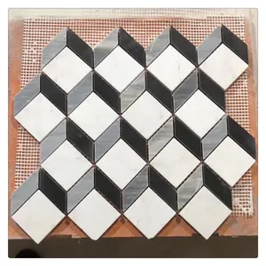 Hexagon marble mosaic customized with rhombus white marble mixed grey rhombus marble chips