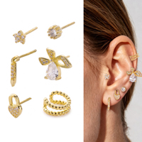 6-teiliges 925 Sterling Silber Zirkon Ohrringe Set 14K Vergoldet Trendige Schleife Herz Blume Ohrstecker Damen Mädchen Mehrschichtiger Ohrschmuck