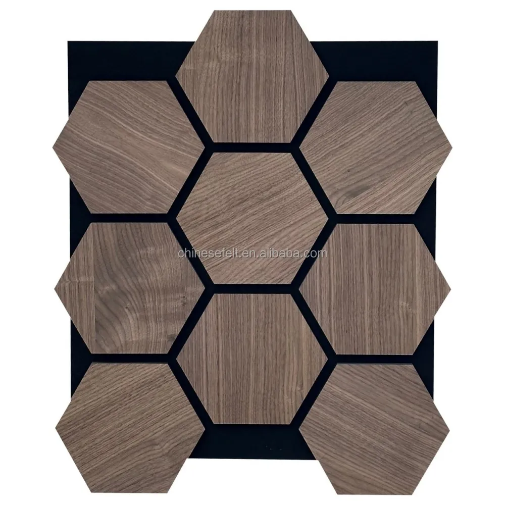 Honeycomb Wood Panel Black PET Felt and Walnut Hexagon Wood Slat Acoustic Panel for Wall and Ceiling