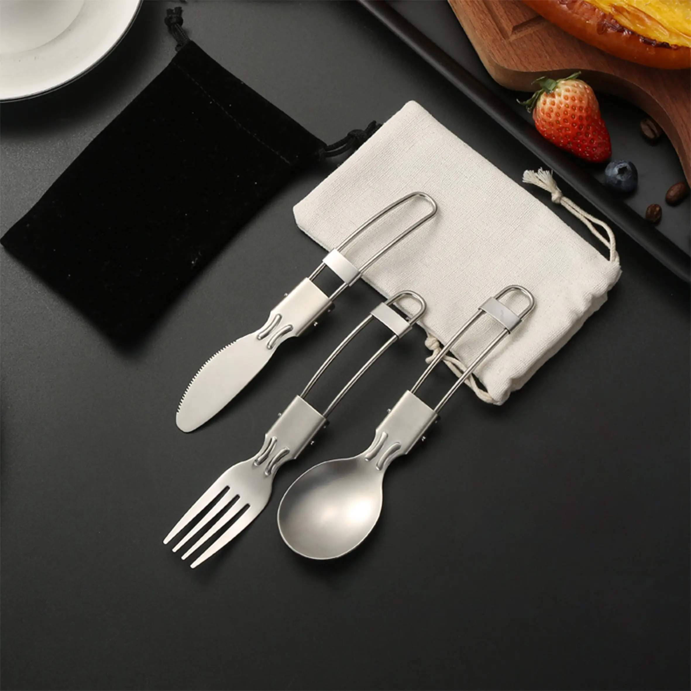 Cubiertos plegables de acero inoxidable 304 de grado alimenticio para Picnic portátil, juego de cuchara plegable, tenedor, cuchillo, juego con bolsa/