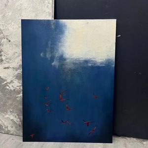 Peinture murale abstraite contemporaine texturée sur toile, art surréaliste, ciel bleu foncé avec oiseaux rouges pour la maison et la galerie - Product Image 3