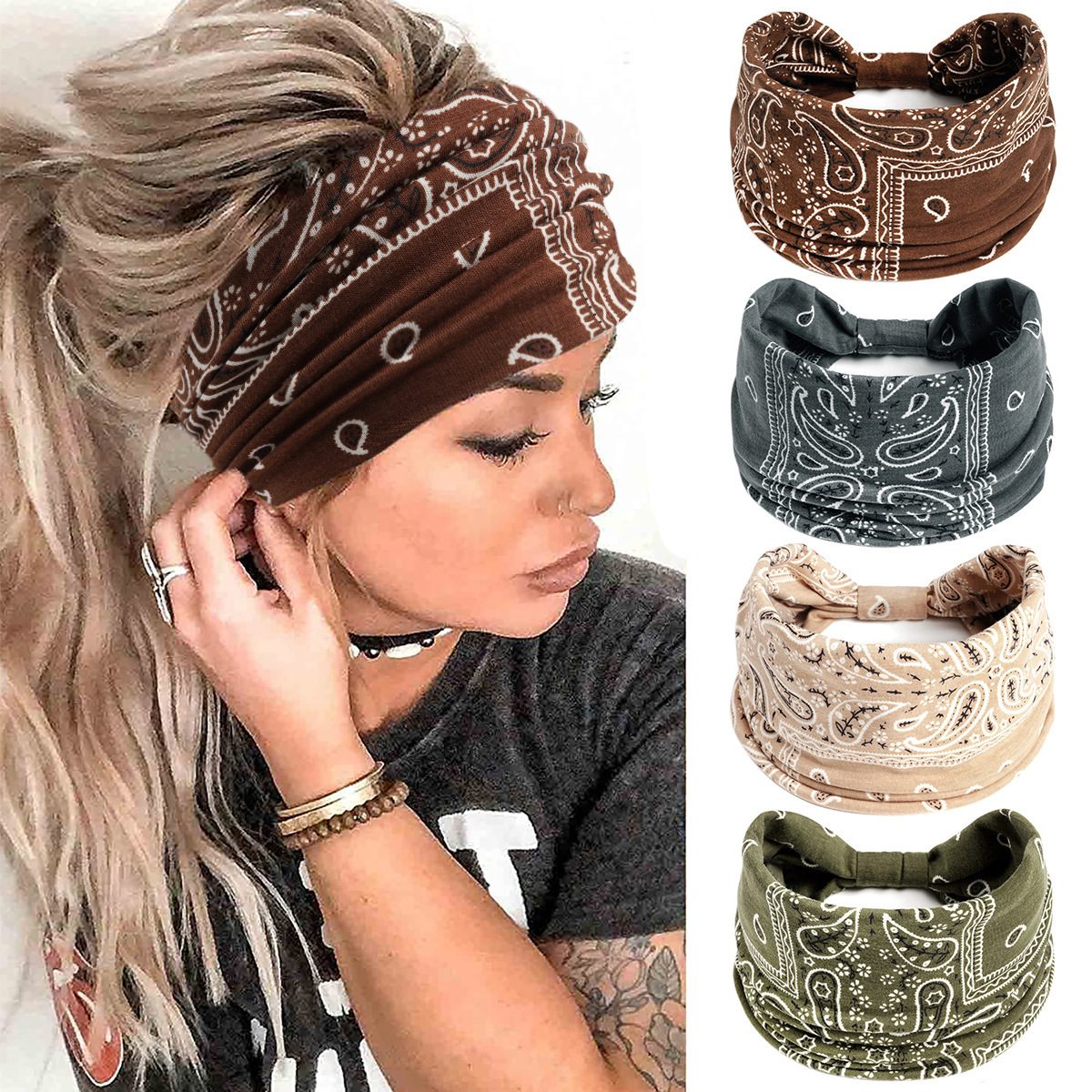 Fascia Per Capelli Boho Satinata Con Fiocco, Bandana Triangolare Elastica, Verde Floreale