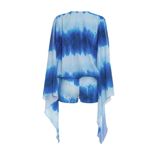 Viviblook D26ST156 Conjunto de verano para mujer, estampado Tie Dye, mangas acampanadas, top con abertura, pantalones cortos, conjunto informal de dos piezas - Product Image 5