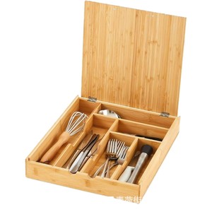 Boîte de rangement pour couverts en bois sur mesure, à couvercle rabattable, grande capacité, avec compartiments séparés pour baguettes, cuillères, couteaux, etc. - Product Image 1
