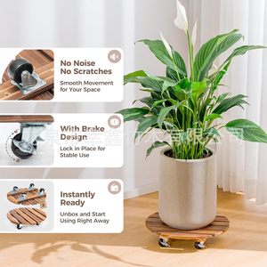 Portable plant stand with wheels, <b>flower</b> pot tray base, casters, and swivel wheels; round wooden plant <b>support</b>. - Product Image 1