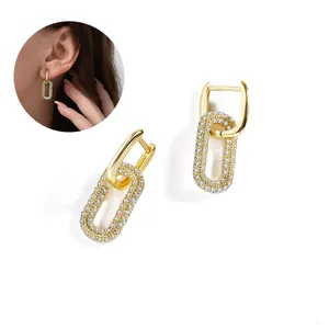 Gold cubic zirconia anting-anting wanita, anting-anting kecil Chunky Gold Hoop Drop menjuntai berlian paperlink perhiasan trendi