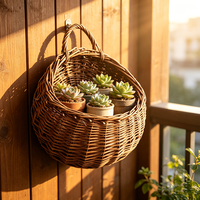 Panier mural suspendu en osier marron avec poignée, résistant à la rouille et écologique, idéal pour patio et jardin – Vente directe usine