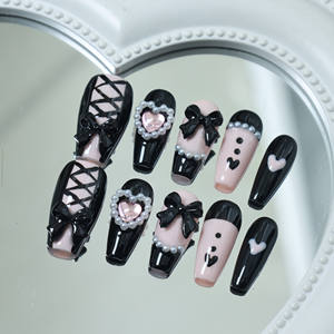 Prix usine en gros Faux ongles à presser de luxe faits main en acrylique style Y2K, forme cercueil, avec strass et motif French manucure 3D pleine couverture - Product Image 5