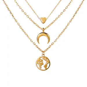 fashion gold heart layered world map necklace for women wholesale N209232