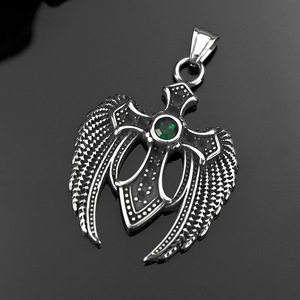 Stainless Steel Men's <b>Cross</b> Wing Pendant With Green Gemstone Asymmetrical Design Necklace Charm Gift - Product Image 4