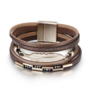 New Fashion Leaf <span class=keywords><strong>Feather</strong></span> <span class=keywords><strong>Charm</strong></span> Mehr schicht iges PU-Leder armband Damen legierung schmuck - Product Image 3