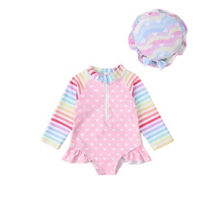 <span class=keywords><strong>Maillot</strong></span> <span class=keywords><strong>de</strong></span> <span class=keywords><strong>bain</strong></span> une pièce pour filles, imprimé cœur rayé arc-en-ciel, avec manches longues et bonnet, protection solaire en polyester pour bébés filles - Product Image 5