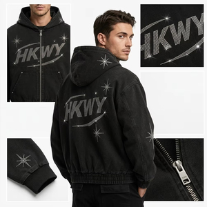 Cotton Canvas Rhinestone Heavyweight Zip Up Hoodie Men Custom Logo Luxury Streetwear Relaxed Fit YKK <b>Zipper</b> Rhinestone <b>Jacket</b> - Product Image 1