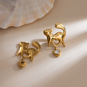 <b>Cat</b> Shape Drop <b>Earrings</b> With Heart Zircon Stainless Steel Studs For Women Fashion Jewelry Gift - Product Image 4