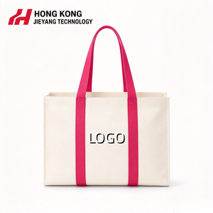 Custom Logo Panelled Canvas Tote <b>Bag</b> Women Long Handle Two Tone <b>Cream</b> Pink Vertical Webbing Casual Commute Wholesale - Product Image 1